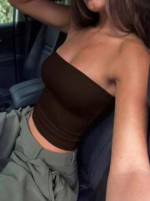 女款夏季性感辣妹休閒百搭 Y2K 風格抹胸上衣 - 棕色 - 查看 6