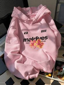 1 buah Sweatshirt Wanita Motif Bunga Tropis & Huruf dengan Tali Serut, Sweatshirt Pullover Hangat Gaya Kasual Y2K untuk Musim Gugur - Baby Pink - View 1