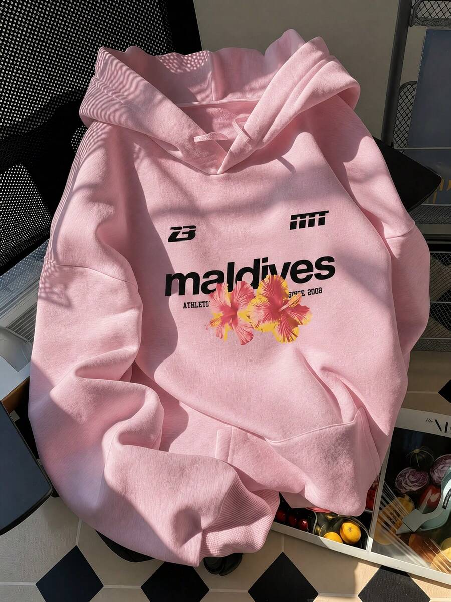 1 buah Sweatshirt Wanita Motif Bunga Tropis & Huruf dengan Tali Serut, Sweatshirt Pullover Hangat Gaya Kasual Y2K untuk Musim Gugur - Baby Pink - View 1