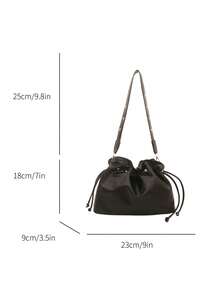 Minimalist Solid Color Soft PU Bucket Bag, Adjustable Rivet Wide Strap Crossbody Handbag For Casual Daily Dating Street Wear - Black - View 5