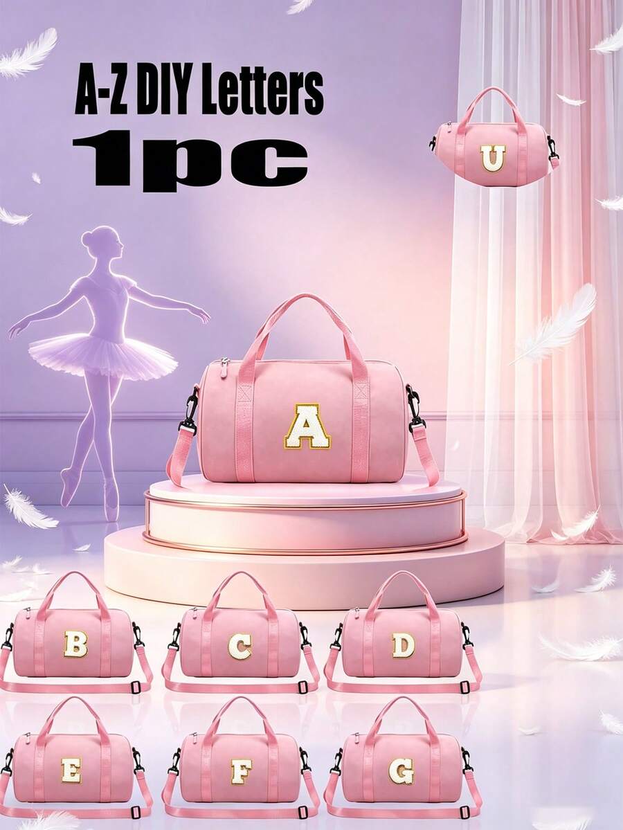1件裝拉鍊開合時尚 A-Z DIY 字母貼紙甜美極簡純色舞蹈旅行包，單肩斜跨包，芭蕾包，體操拉丁舞瑜伽踢踏舞爵士舞收納包，舒適可調節肩帶，光滑長款，百搭易搭配，適合日常出遊、玩樂、上學、通勤，青少年完美禮物（註：字母貼紙需手動 DIY） - 粉色 - 查看 1