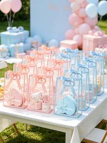 24/12/1pc Transparent Gift Bag With Ribbon, 7x10x3.15 Inch Reusable PP Holiday Gift Bag, Suitable For Baby Shower, Graduation, Wedding, Bridal Shower, Birthday Party, Business Occasions, With Hollow Handle, Gender Reveal Party Gift Bag, Guest Favors (Pink And Blue) - Multicolor - View 9