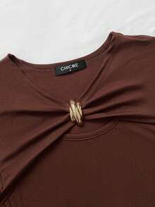 ChicMe Women's Sexy Front Twist Hollow Out Top, Gold Button Detail, Long Sleeve Slim Fit Ribbed Knit Sweater, Fashion Daily Party Wear - Coffee Brown - View 9