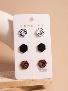 1 Set Maillard Leopard Print Geometric Stud Earrings Set, Personalized Sweet Cool Style Earring Jewelry Set, Suitable For Daily Wear - Multicolor - View 2