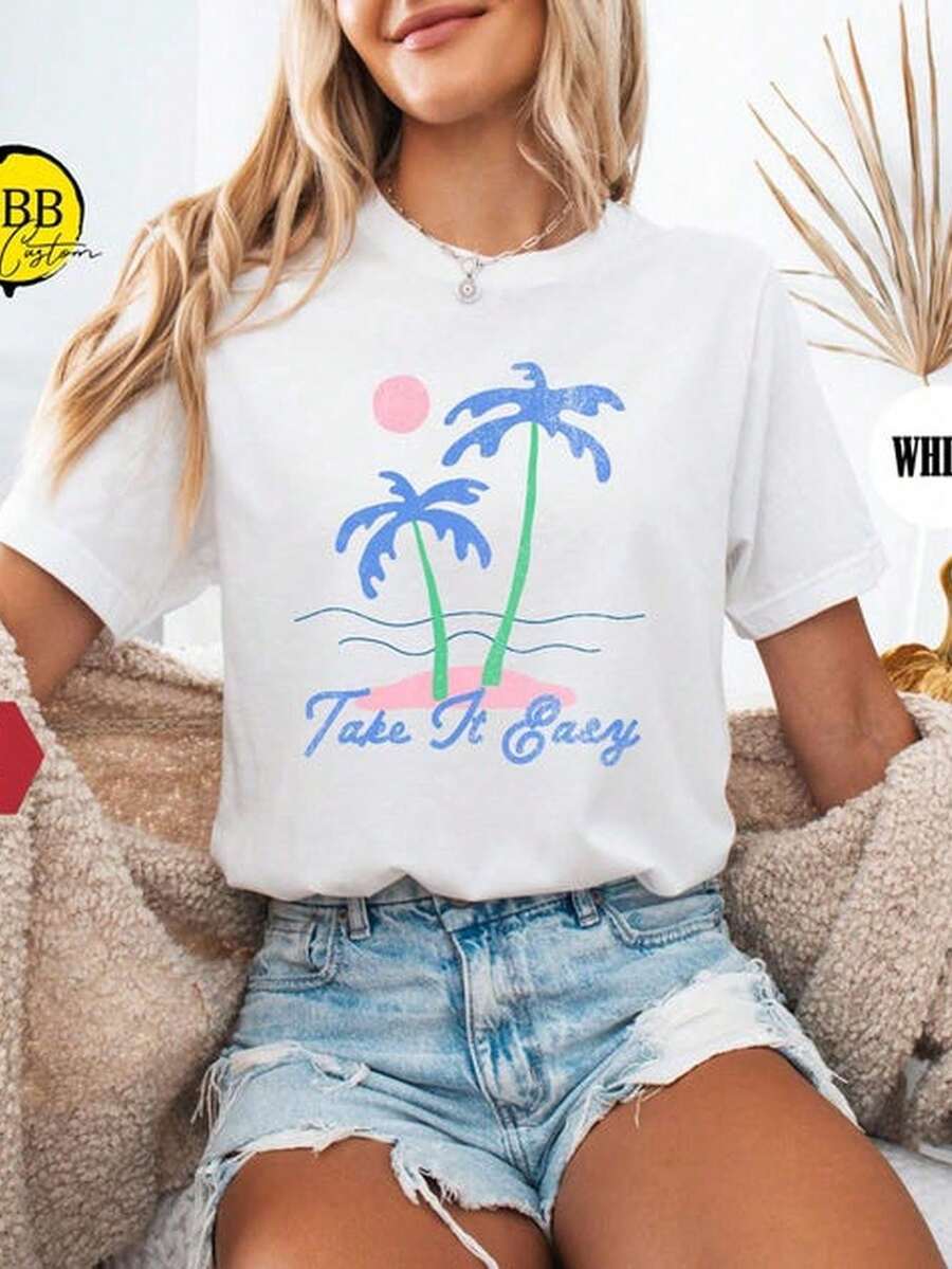 Relaxed Shirt,Palm Tree Gift,Summer Lover T Shirt,Vacation Group Gifts,Relaxed Atmosphere,Free Shipping - 白色 - 查看 1