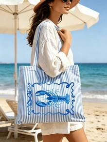 Casual Striped Canvas Tote Bag, Fun Lobster Print, Large Capacity Summer Beach Shoulder Bag, With Small Makeup Bag, Women's Casual Travel Shopping Handbag, Zipper Coin Purse, Daily Casual Handbag, Suitable For Beach, Travel, Camping, School, Outdoor Activities, Daily Life, Unique Birthday Gift, Holiday Gift, Party Gift, Vacation Gift, Back To School Gift - Multicolor - View 2