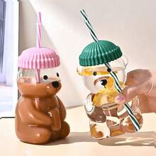 Mini Bear-Shaped Glass With Green Cap And Straw - Cute Transparent Bear Bottle, Adorable Bear-Shaped Container, Suitable For Juices, Smoothies, And Teas - Ideal Beverage Container And Gift For The Office And Parties (Hand Wash Only) - Bear Design - Pink - View 7