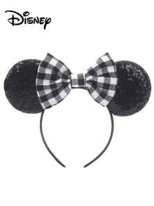 1pc Disney Mickey Black Plaid + Blue Plaid Sequin Headband, Mickey Black Plaid + Blue Plaid Sequin Headband - Holiday Party Headband, Hair Accessory, Fun Photo Prop, Amusement Park Accessory, Suitable For Birthday Party And Valentine's Day Events, With Bow Cute Cartoon Hair Accessory, Princess Costume Accessory, Suitable For Disney Fans - 1 YEAR - View 3