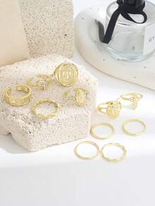 11 piezas Anillos de cruz religiosa vintage, diseño de nicho con corazón de strass, set de múltiples piezas de anillos apilables, joyería de mano versátil de estilo hip-hop para mujer - Dorado - Ver 4