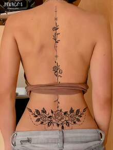 4pcs/2pcs/1pc Y2K Large Spine & Floral Temporary Tattoo Stickers, Waist & Abdomen Fake Tattoos, Waterproof Sweat-Proof Realistic Back Tattoos, Floral Spine Line Tattoo Stickers For Women, Matte Texture, Summer Bikini Style Floral Waist Spine Back Temporary Tattoos, Exquisite Dotted Plant Long Strip Waterproof Realistic Tattoo Stickers, Suitable For Vacation Beach Christmas & Music Festival - Black - View 4