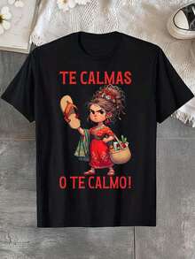 Mexikanisches T-Shirt "Mamá Te Calmas O Te Calmo" mit spanischem Spruchdesign, Damen-Maracas-Sommeroutfits, modische, lässige Alltagskleidung für den Sommer. - Schwarz - Übersicht 1
