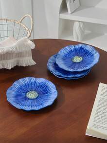 Cabin Kangaroo Blue Poppy Ceramic Plate, Hand-Painted Embossed Floral Dessert Plate, 6-Inch Aesthetic Snack Plate, Suitable For Appetizers, Snacks, Home Kitchen Tableware Decor, Housewarming Gift - Multicolor - View 7