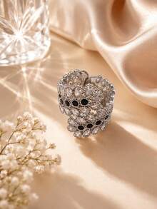 1pc French Style Light Feather Layered Zirconia Inlaid Open Ring For Women, Feather Streamline Wide Band Design, Elegant Ring For Party & Dress Matching - Open Ring - View 8