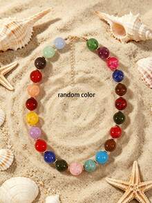 1pc European & American Bohemian Geometric Acrylic Round Bead Cloud Effect Beaded Necklace For Women, Summer Beach Vacation - Beaded Necklace - View 34