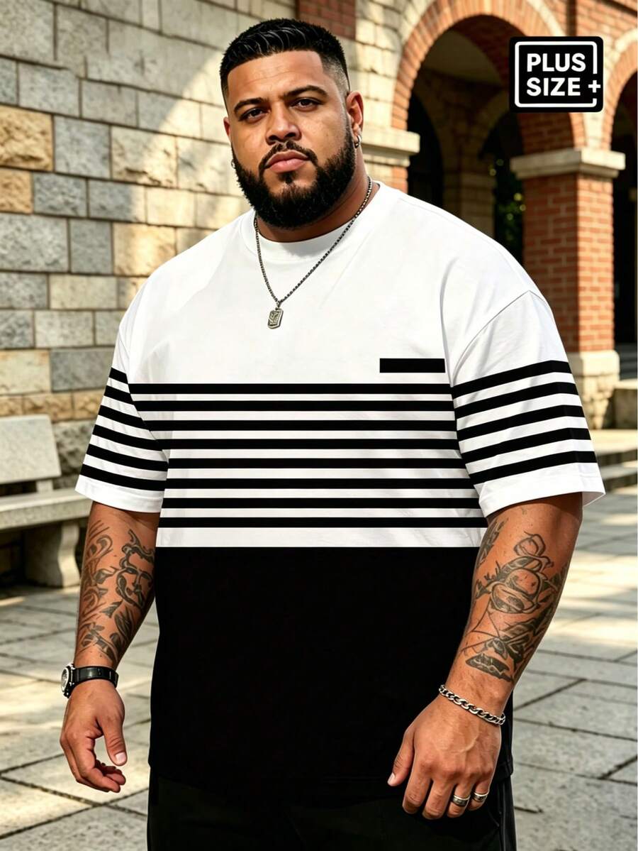 Plus Size Men's White & Black Colorblock Layered Horizontal Striped Crew Neck Short Sleeve T-Shirt, Summer American Casual Versatile Basic Top Sports - Black and White - View 1