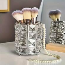1pc Crystal Diamond Pattern Makeup Brush Holder, Silver Metal Desktop Organizer, Elegant Cosmetic Storage Cup, Suitable For Vanity And Dressing Table - Storage - View 2