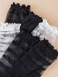 1/3/6 Pares Aleatórios de Meias Finas Transparentes Pretas & Brancas com Listras de Coração e Babados até a Panturrilha para Mulheres, Moda de Volta às Aulas - Preto e Branco - Visão 2