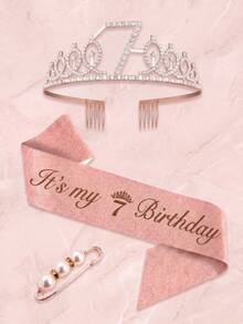 3rd To 100th Milestone Birthday Tiara & Sash Set With Pearl Brooch, Rose Gold Crystal Crown, Birthday Party Decorations Gift For Women & Girls - Multicolor - View 37