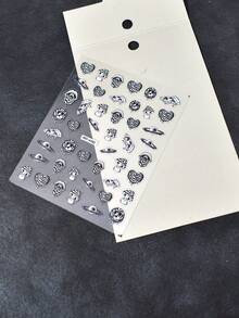 1pc Black & White Water Ripple Heart Skull Nail Stickers, Demon Eye & Poison Mushroom Nail Sliders, Self-Adhesive Disposable Embossed Nail Decor, Dark Style, Suitable For Daily Wear & Dates - Multicolor - View 6