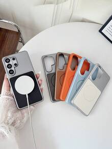 Funda trasera protectora de lujo con patrón de lichi en cuero sintético con electrochapado, carga inalámbrica magnética compatible con Samsung Galaxy S26 S25 S24 Ultra Plus - Marrón - Ver 4