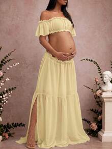 Maternity Sleeveless Ruched Dress, Chiffon Moderate Elasticity Ruched Pleated Detail Front Slit Ruched Hem Maternity Photography Baby Shower Yellow - Yellow - View 4