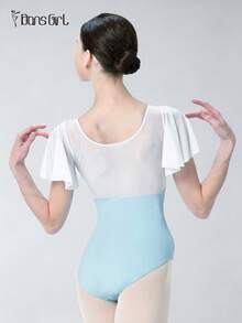DonsGirl 1pc Women's Ruffle Sleeve Mesh Patchwork Ballet Leotard, Romantic Fairy Style Jumpsuit, Suitable For Aerial Yoga, Figure Skating And Dance Performance Costume - Baby Blue - View 12