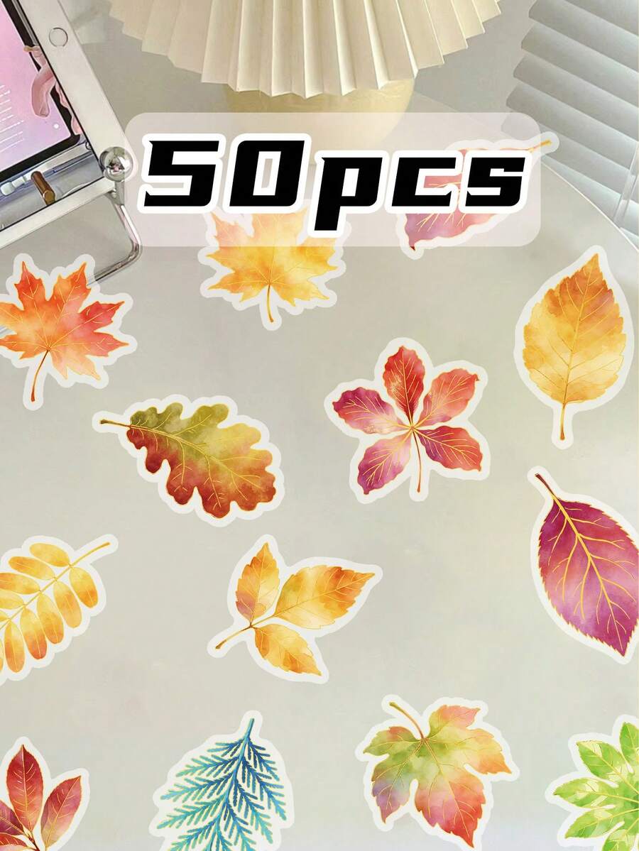 50pcs These Gold-Foil 'One Leaf' PET Self-Adhesive Stickers Are Ideal For Office Stationery, Bullet Journal Accessories, Calendars And Planners. With Their Stylish Design, They Are Perfect For Winter And The New Year, And Are Easy To Peel And Apply.