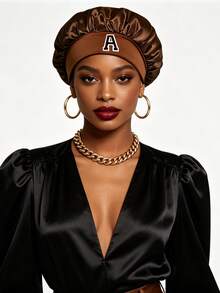 1pc Women's Glossy Satin A-Z Letter Hair Bonnet, Skin-Friendly & Breathable, Suitable For Daily Hair Washing/Home Care/Night Sleep/Year-Round Use - Coffee Brown - View 4