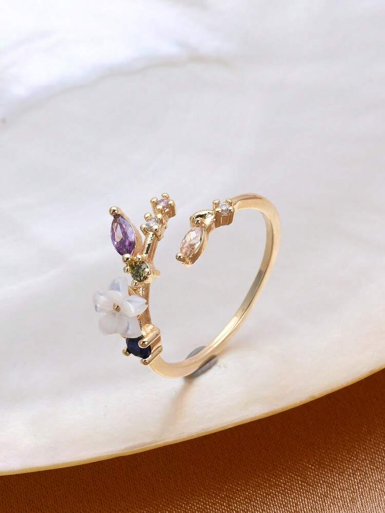 1pc 18K Gold Plated Glass Flower Artificial Zirconia Open Ring For Women - Branches and Flowers - View 1