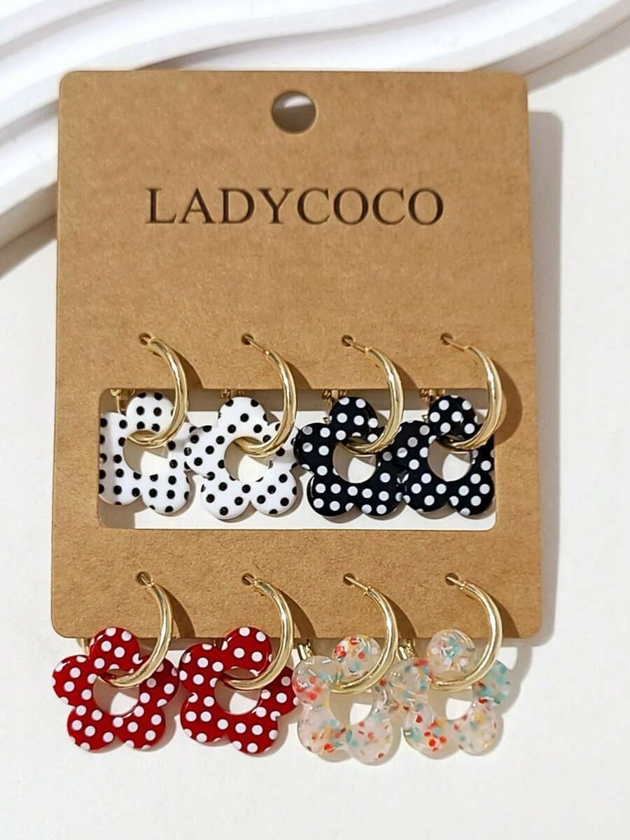 LADYCOCO 4對時尚可愛多色波點壓克力五瓣吊墜耳環，適合女性，約會、派對、禮物，四葉草