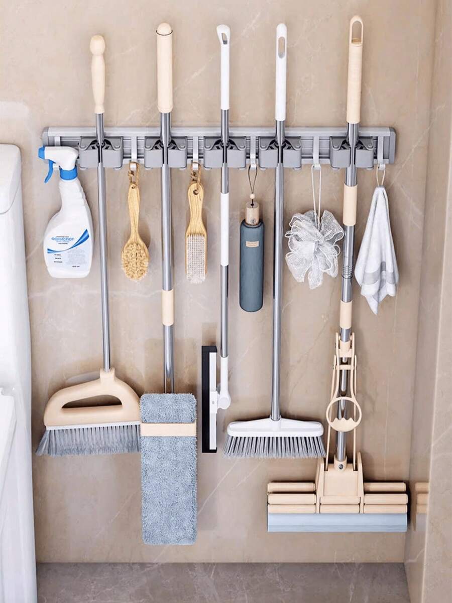 1pc 4-Clip 5-Hook Aluminum Wall-Mounted Bathroom Mop Holder, Broom Rack, Storage Rack, No-Drill Mop Holder, Suitable For Bathroom And Balcony - Multicolor - View 1