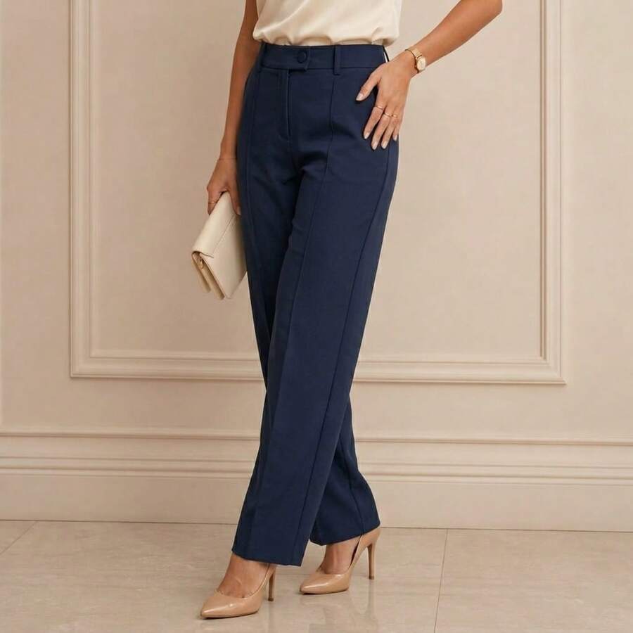 Calça Pantalona Feminina Casual Elegante de Alfaiataria Luis Twill com Zíper e Bolsos Funcionais - Azul Marinho - Visão 1