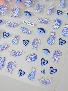 1pc Blue Floral Cat Evil Eye Nail Stickers Gradient Heart Nail Sliders Self-Adhesive Disposable Embossed Nail Decor INS Style Suitable For Holiday Party Daily - 彩色 - 查看 4