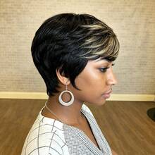 Natural Ombre 1B/27 Gradient Color Pixie Short Wig, Full Lace Remy Human Hair Wig, 4 Inch Short Wig, Brazilian Remy Layered Wig, Short Pixie Wig, Human Hair Wig For Women, Burgundy 1B/99J Multi-Color Lace Front Wig, Halloween And Christmas Costume - 間色 - 查看 8