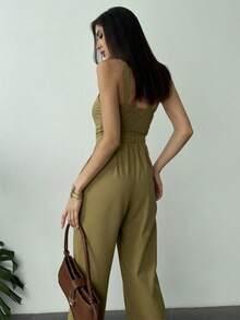 Women's Wide Leg Jumpsuit With Adjustable Straps - Adjustable Shoulder Straps, Ruched Back Design - Khaki - View 2