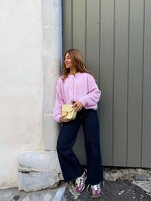 Cardigan Rajut Nyaman untuk Wanita dengan Kancing Depan, Lengan Panjang, Panjang Standar, Cocok untuk Dipakai di Musim Gugur/Musim Dingin, Kain Elastis Sedang - Purple - View 4