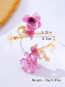 1件小眾設計花卉手臂飾品 粉色漸層樹脂花朵開口手鐲 度假配件 - 粉色 - 查看 2