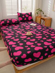 1PC Black Base Oversized Hot Pink Big Heart Pattern Fitted Sheet Without Filler, Fitted Sheet For Bedroom Brushed Microfiber Breathable Comfortable 1pc Fitted Sheet King Queen Full Twin Deep Pocket Design Up To 11.8 Inches Fitted Sheet - Hot Pink - View 5