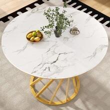 Dining Table Set (5-Piece), Dining Table Set With 4 Chairs, Modern Kitchen Table Set, Round Kitchen Table With 80 Cm Diameter And Gold Metal Legs, White MDF Tabletop, Dark Grey Velvet Dining Chairs - 彩色 - 查看 3