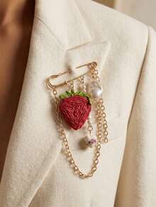 1 pieza Broche de fresa de rafia elegante y lindo con colgante de corazón de cerámica de perla falsa y borla, alfiler multiusos para sombrero, pantalones, puño, zapatos, mochila y talla grande - Multicolor - Ver 2