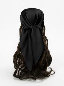 1pc Soft Solid Color Minimalist Polyester Silk-Like Square Scarf, Headband, Hair Tie, Ideal For Styling - Black - View 1