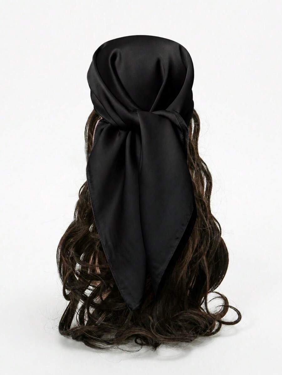 1pc Soft Solid Color Minimalist Polyester Silk-Like Square Scarf, Headband, Hair Tie, Ideal For Styling - Black - View 1