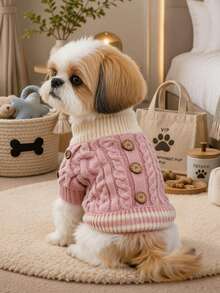 1件寵物衣服 狗貓適用 小型犬幼犬可愛寵物 透氣保暖 冬秋舒適新款 粗針編織鈕扣毛衣 粉色 - 彩色 - 查看 2
