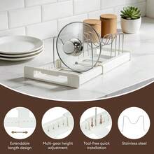 Expandable Pot And Pan Storage Rack, Telescopic Pot Lid Organizer, Kitchen Accessory, Used For Storing Pots, Pans, Lids, Plates And Cutting Boards, Suitable For Kitchen Countertop Or Cabinet Interior - White - View 8