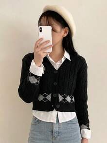 Japanese Academy Style Cable Knit Argyle Lazy V-Neck Cardigan - Black - View 3