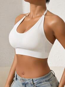 Runway Rest 1pc Women's Solid Color Halter Neck Sports Bra, Removable Padding Fitness Yoga Backless Comfortable Sports Underwear - White - View 7
