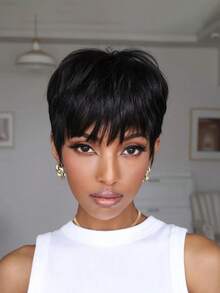 Women's Short Straight Human Hair Wig, 6 Inch Natural Black Brazilian Hair, 150% Density, Full Machine Made - Natural Black - View 2