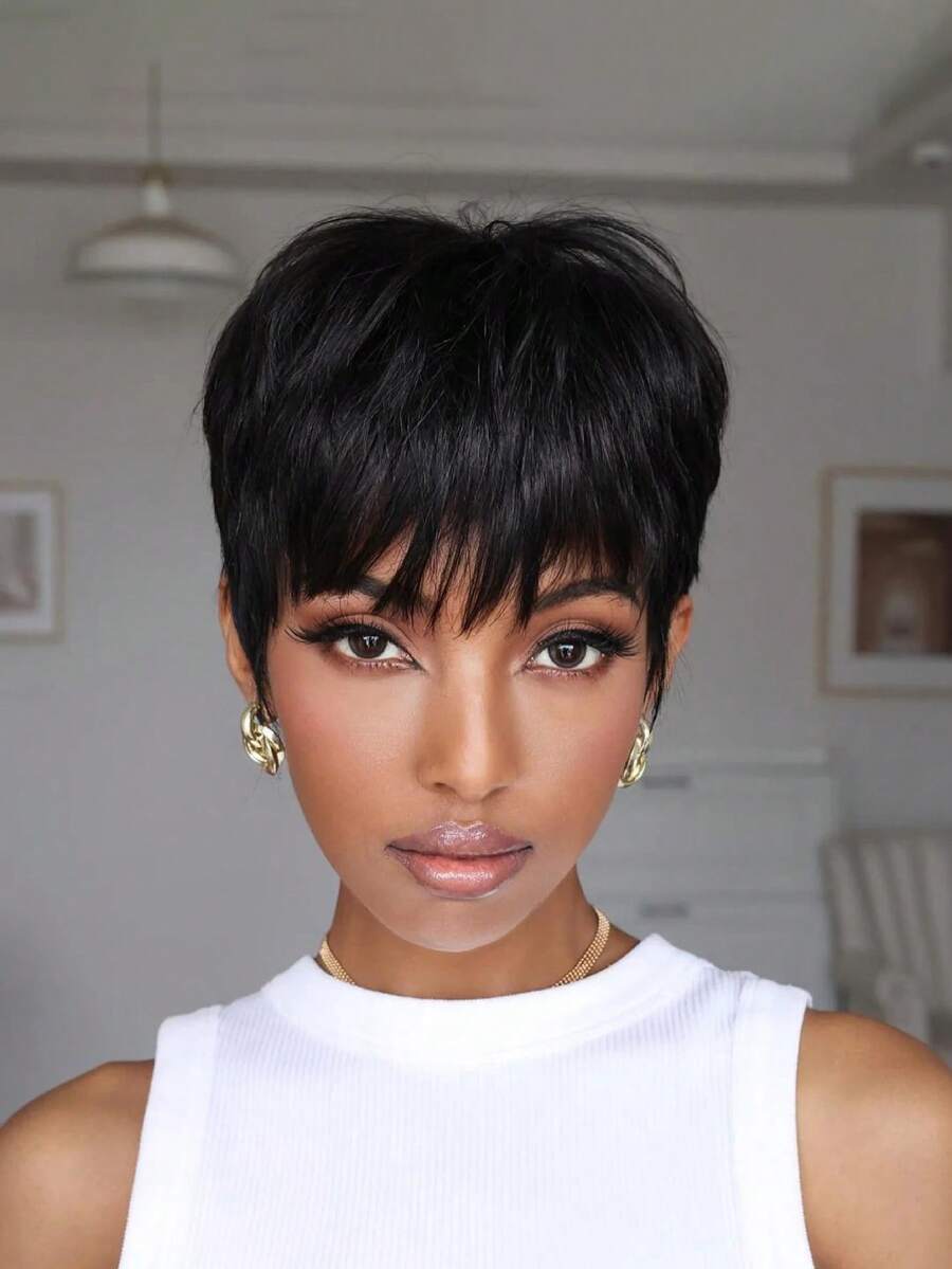 Women's Short Straight Human Hair Wig, 6 Inch Natural Black Brazilian Hair, 150% Density, Full Machine Made