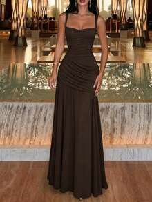 DOUCIU Vintage French Style Pleated Sheer Patchwork Slip Dress, Elegant For Party, Birthday Events - Coffee - View 6