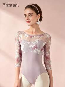 DonsGirl 1pc Women's 3/4 Sleeve Floral Mesh Patchwork Ballet Leotard, Boat Neck Deep V Back Slim Fit Jumpsuit, Suitable For Ballet Class, Rhythmic Gymnastics And Stage Performance - 淺灰紫 - 查看 5